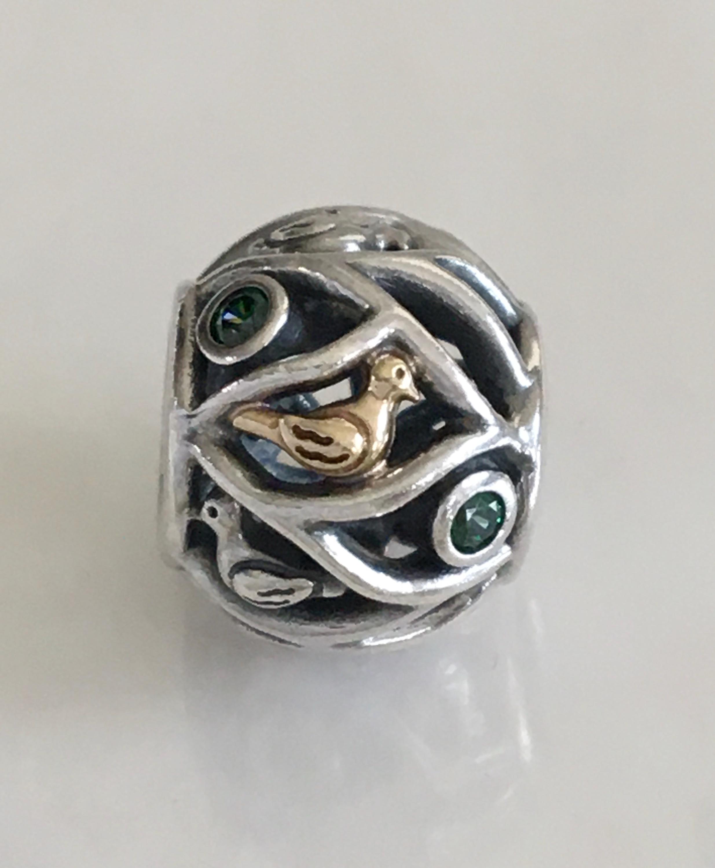Pandora Birds of a Feather Charm With Green CZ Charm Two