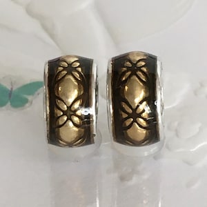 2 Pandora Vintage Floral Golden Enamel Spacers Charms Retired Pandora Charm Free Shipping
