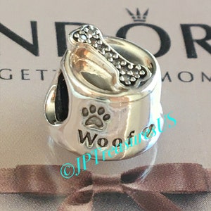 Authentic Pandora Dog Bowl Woof Dog Bone With Clear CZ Charm