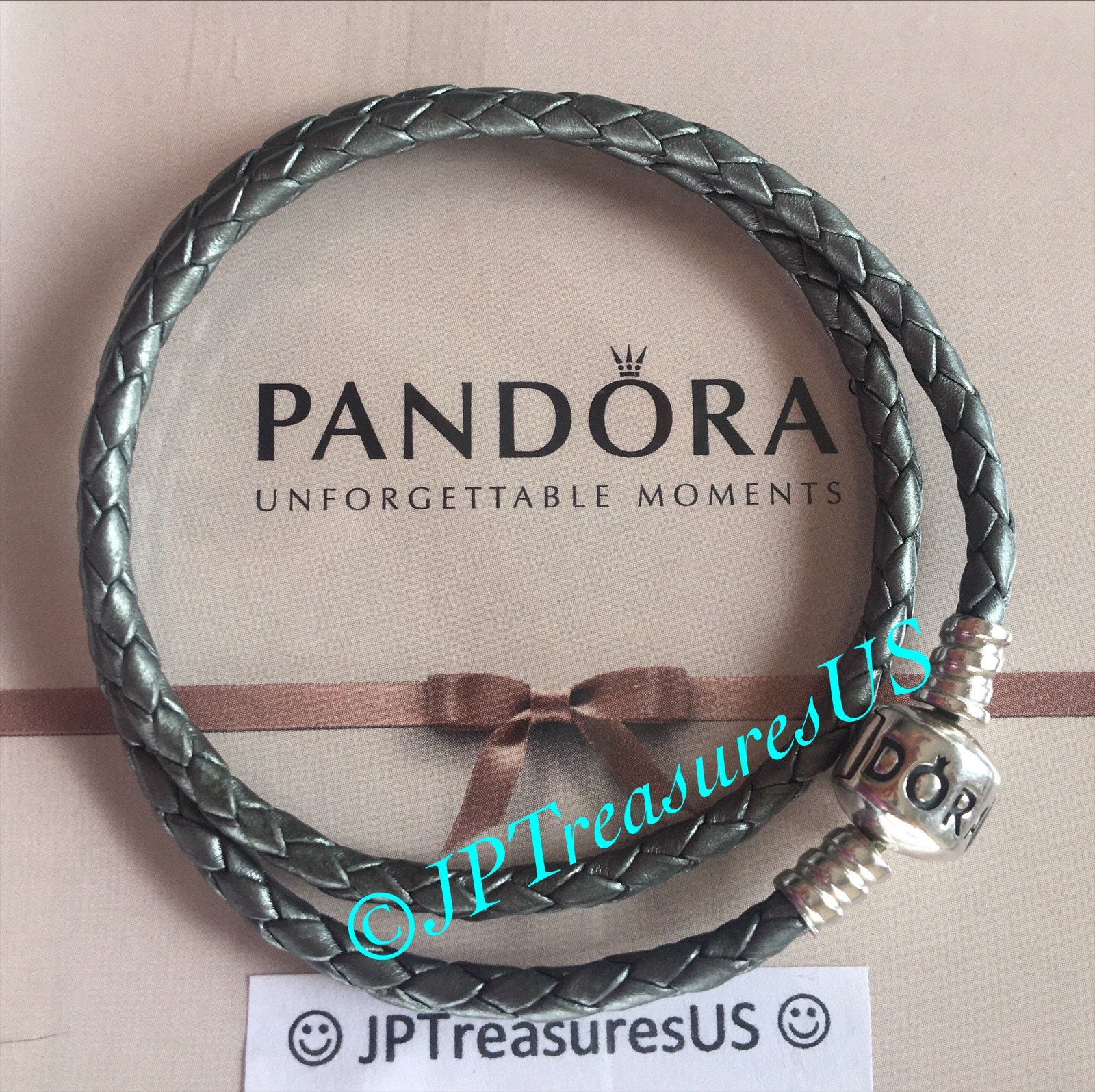 ●tow tow archive● Monda Leather Bracelet Grey TBH52ABAN001 Authentic Pandora Leather Bracelet Grey Double Braided 14 1