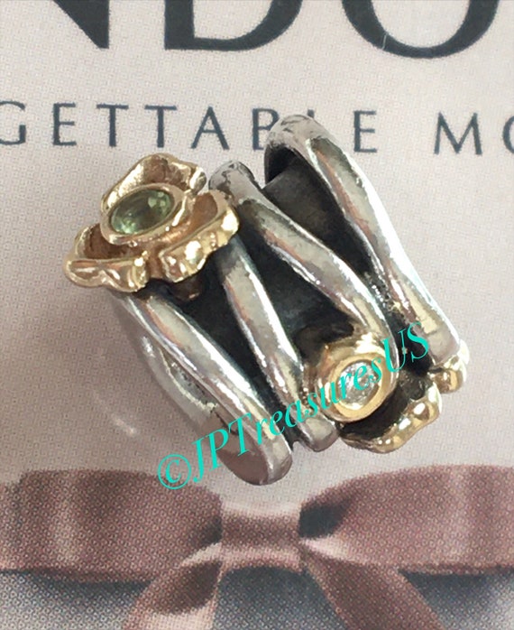 Authentic Pandora Peridot Rose Flower Charm Two Tone With Diamonds