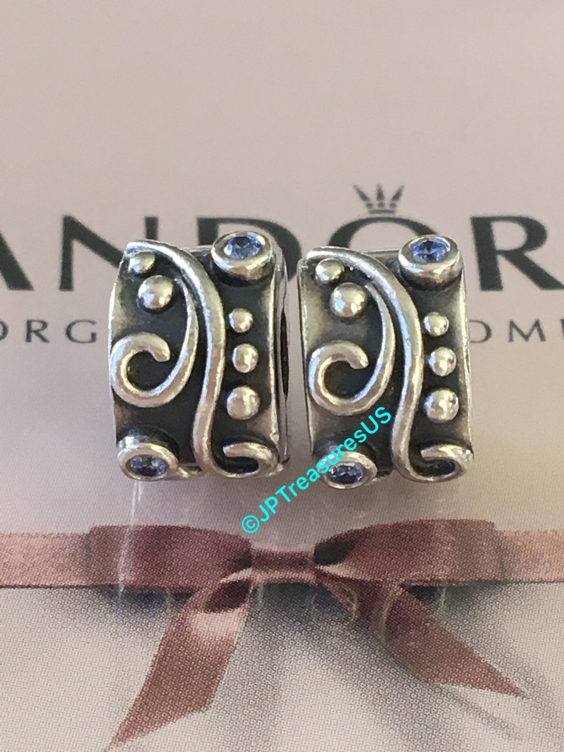 2 Authentic Pandora Tendril Clips With Blue CZ Retired Pandora Etsy