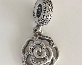 Pandora Shimmering Rose with Clear CZ Dangle Charm Retired Pandora Rose Flower Charm Pandora Charm Free Shipping