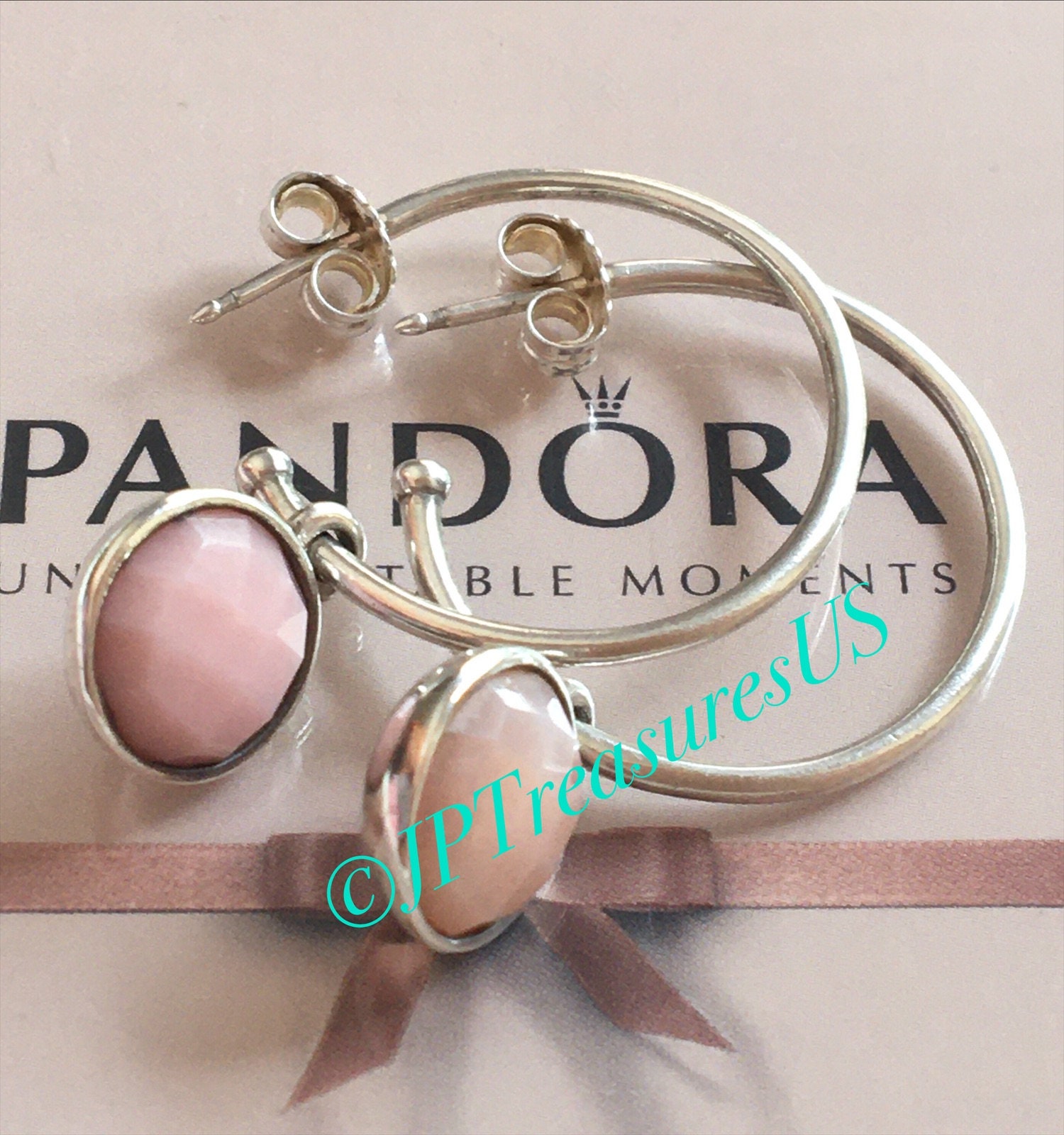 Authentic Pandora Pink Opal Medallion Dangle Earrings Vintage