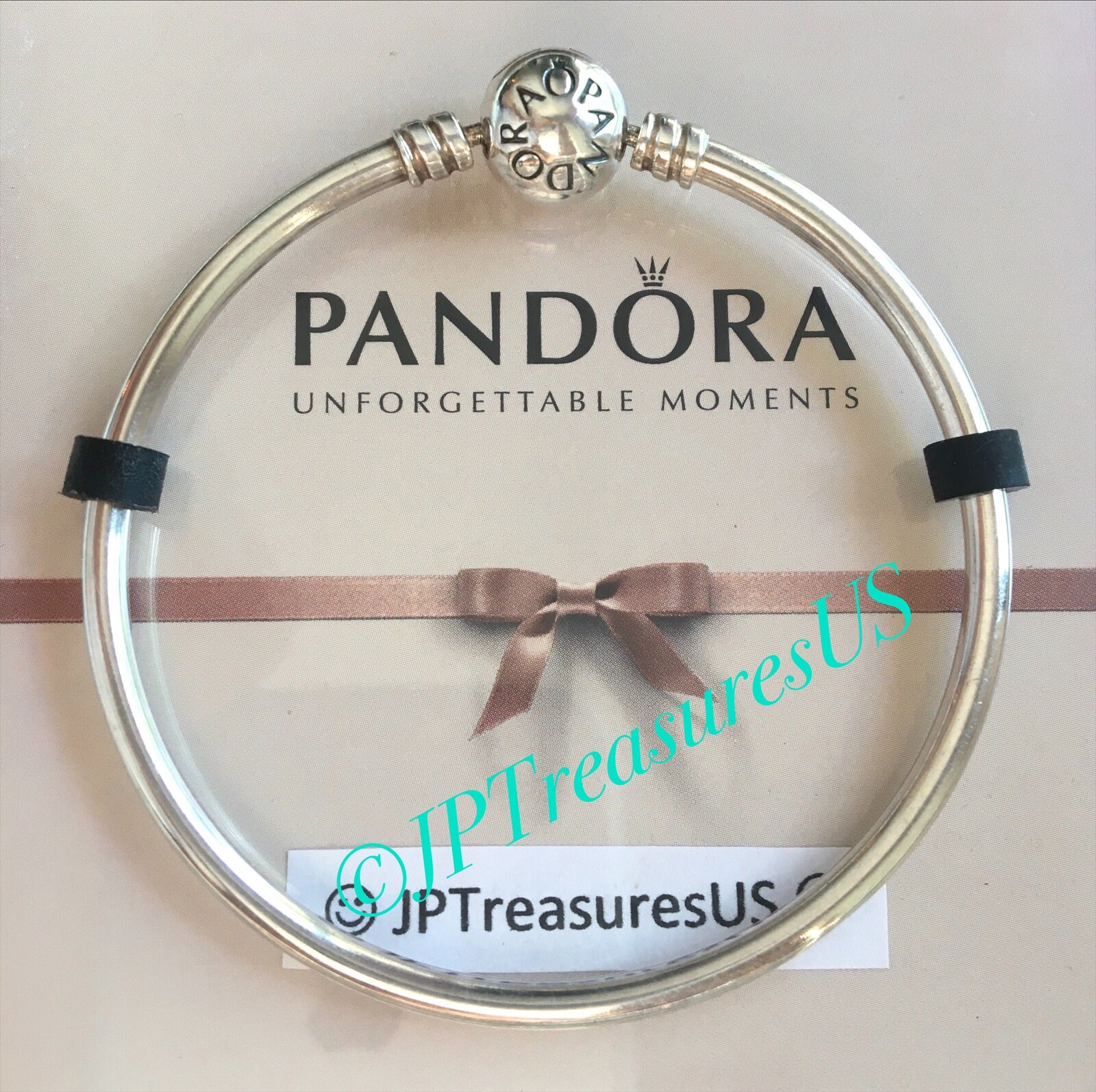 Authentic Pandora Bangle Bracelet Sterling Silver Ball Clasp with Pandora Silicone Stoppers 6.7 17cm Pandora