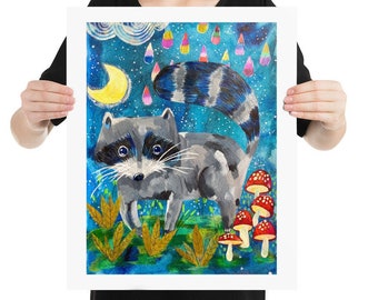 Mixed Media "Racoon at Night" Art Print