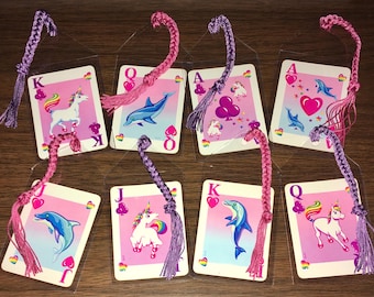 Tasseled Bookmarks: Vintage Lisa Frank Playing Cards - Unicorns & Dolphins (Approximately 5.25" x 2.75")