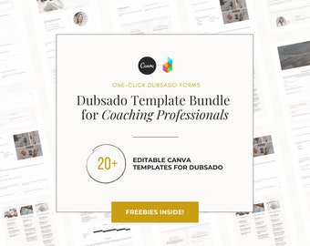 Puede incluir: Un gráfico de Canva que promociona un paquete de más de 20 plantillas Dubsado editables para profesionales del coaching. El gráfico presenta un fondo blanco con un borde dorado y texto que dice "Dubsado Template Bundle for Coaching Professionals" y "20+ Editable Canva Templates for Dubsado". El gráfico también incluye un botón que dice "Freebies Inside!" y el texto "Dubsado Template Bundle | For Coaches".