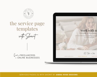 Può includere: Lo schermo di un computer portatile che mostra un sito web con il testo "work with us" e "let's take a look". Il sito web è per freelance e aziende online. Il testo "Services Pages (3) with Showit by Amma Rose Designs" è nella parte inferiore dello schermo.
