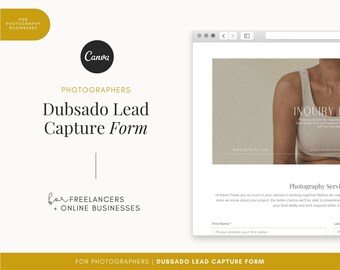 May include: A website mockup for photographers, showing a Dubsado lead capture form with a text box for a first name and a button labeled "Inquiry". The form is on a light brown background with a woman wearing a white tank top.