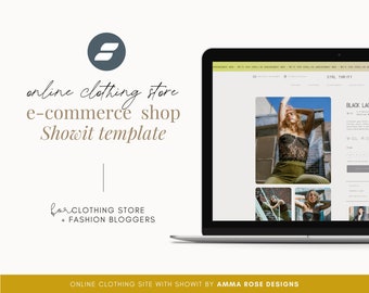 Può includere: Un laptop mostra un modello di negozio di e-commerce online Showit. Il sito web presenta immagini di abbigliamento e il testo "BLACK LAC". Il logo di Amma Rose Co. è in alto.