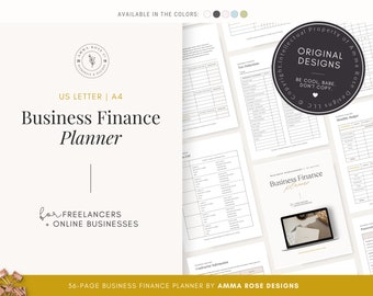 Pode incluir: Um planejador financeiro empresarial de 36 páginas para freelancers e empresas online. O planejador está disponível nos tamanhos US Letter e A4 e vem em uma variedade de cores. A capa apresenta um design simples com o título "Business Finance Planner" e o texto "for freelancers + online businesses".