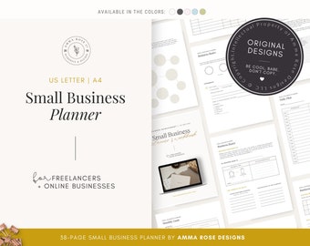 Pode incluir: Um planejador de negócios de 38 páginas no tamanho US Letter ou A4, projetado para freelancers e empresas online. O planejador tem um fundo branco com texto preto e inclui seções para objetivos de negócios, gestão financeira e marketing.