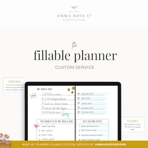 May include: A digital planner template with a light blue background and a white border. The planner includes sections for goals, benefits of goals, and key action steps. The text "Make my planner fillable custom service by ammarose designs" is at the bottom of the page.