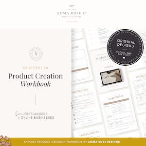 以下が含まれることがあります： フリーランサーとオンラインビジネス向けの37ページの製品作成ワークブック。このワークブックは、成功する製品の作成と立ち上げを支援するために設計されています。表紙は、金色のロゴと「Product Creation Workbook」というテキストを配したミニマルなデザインです。