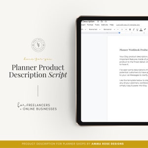 Puede incluir: Una pantalla de ordenador que muestra un documento de texto con el título "Planner Product Description Script" y una descripción para las descripciones de productos de Etsy. El texto incluye consejos para escribir descripciones de productos efectivas y una plantilla para usar.