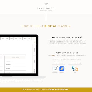 May include: A digital planner with a calendar, social media, basics, goals, and info & co sections. The text "What is a digital planner?" and "What app can I use?" is displayed with a list of popular note-taking apps for Apple and Android devices.