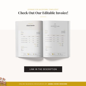 Peut inclure: Un mod&egrave;le de facture blanc et or avec le texte "Client Invoice" et "Business Name" en haut de chaque page. Le mod&egrave;le de facture comprend des sections pour l'article, le temps, le tarif et le total.