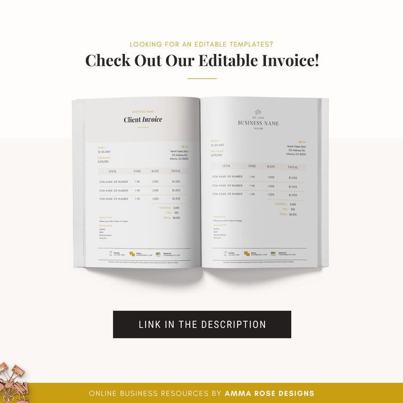 Peut inclure: Un mod&egrave;le de facture blanc et or avec le texte "Client Invoice" et "Business Name" en haut de chaque page. Le mod&egrave;le de facture comprend des sections pour l'article, le temps, le tarif et le total.