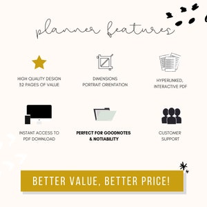 May include: A graphic with a gold star, a black and white drawing of a page with a crop tool, a black and white drawing of multiple pages, a black and white drawing of a computer and phone, a black and white drawing of a folder, a black and white drawing of three people, and the text "planner features" and "BETTER VALUE, BETTER PRICE!"