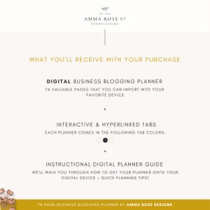 May include: A digital business blogging planner with 74 pages, interactive and hyperlinked tabs, and an instructional guide. The planner comes in two colors: pink and black.