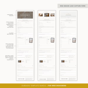 May include: Three web design lead capture forms with different headers. Each form has text fields, checkboxes, and a place for a logo. The forms are designed to be used with Dubsado.