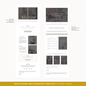 Pu&ograve; includere: Layout a due pagine di un modello di email marketing basato sui servizi. La pagina a sinistra dice "WELCOME" e la pagina a destra "LESSONS I'VE LEARNED". Il modello &egrave; un design moderno con una palette di colori neutri e include testo e immagini.