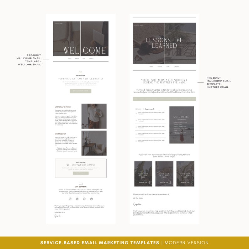 Pu&ograve; includere: Layout a due pagine di un modello di email marketing basato sui servizi. La pagina a sinistra dice "WELCOME" e la pagina a destra "LESSONS I'VE LEARNED". Il modello &egrave; un design moderno con una palette di colori neutri e include testo e immagini.