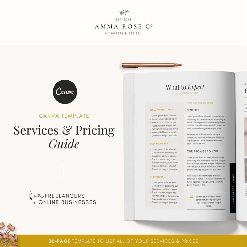 May include: A Canva template for freelancers and online businesses. The template is a 30-page guide to listing services and pricing. The template includes sections for ideal project types, benefits, and a promise to you.