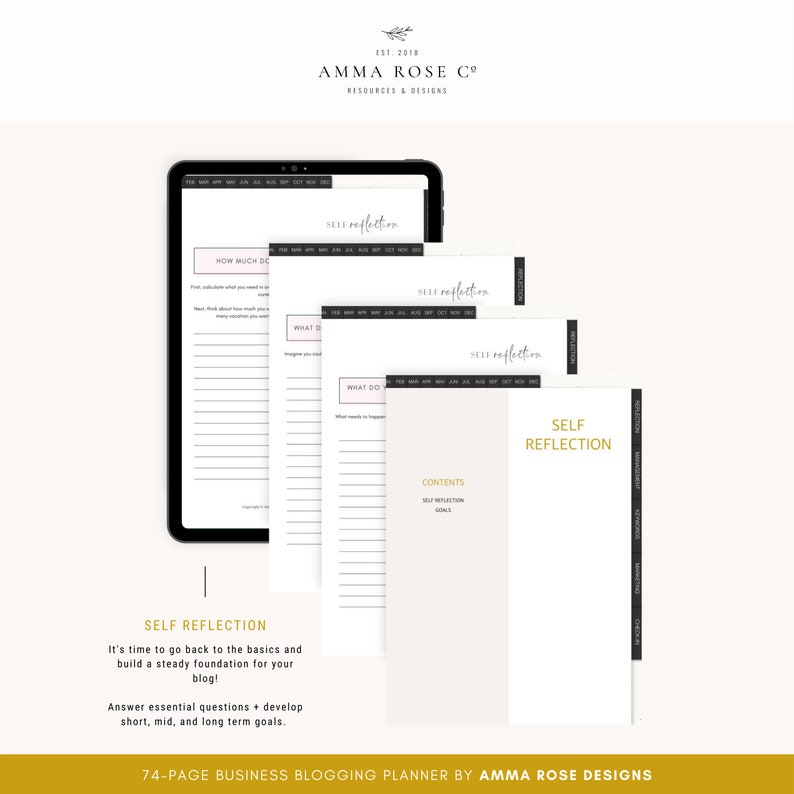 May include: A digital planner for business bloggers with a pink and white design. The planner includes a section for self-reflection and goal setting. The text on the cover reads "Self Reflection" and "74-Page Business Blogging Planner by Amma Rose Designs".