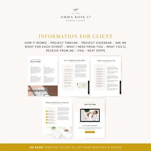 May include: A 30-page template for listing services and prices. The template includes sections for how it works, project timeline, project calendar, what the client needs to provide, what the client will receive, and next steps. The template is designed for businesses that offer services and want to provide their clients with a clear and concise overview of their offerings.