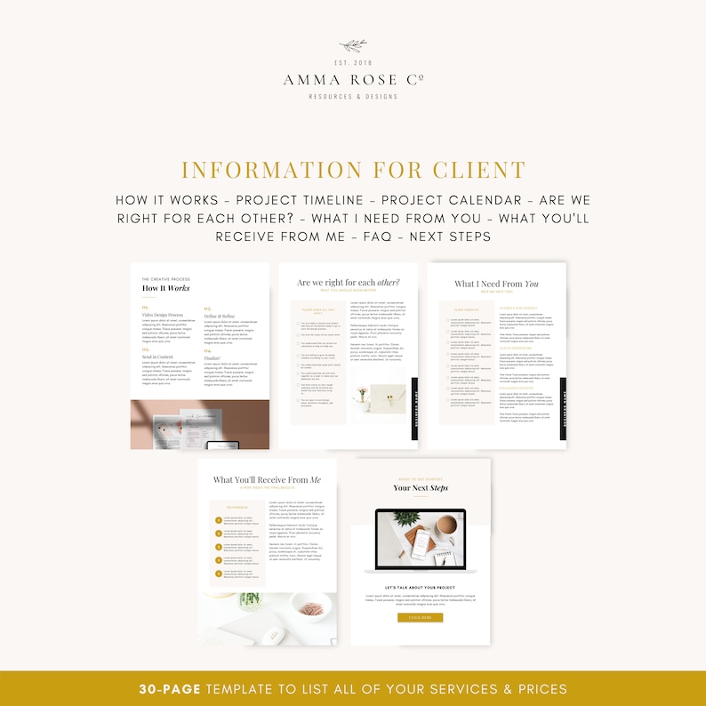 May include: A 30-page template for listing services and prices. The template includes sections for how it works, project timeline, project calendar, what the client needs to provide, what the client will receive, and next steps. The template is designed for businesses that offer services and want to provide their clients with a clear and concise overview of their offerings.
