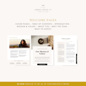 May include: A 30-page template for listing services and prices. The template includes cover pages, a table of contents, an introduction, a mission and values statement, an about you section, a meet the team section, and a what to expect section.