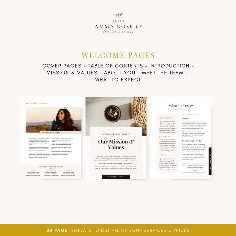 May include: A 30-page template for listing services and prices. The template includes cover pages, a table of contents, an introduction, a mission and values statement, an about you section, a meet the team section, and a what to expect section.