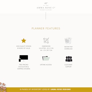 May include: A graphic with planner features, including high quality design, dimensions of 8.5 x 11 inches or 21 x 29.7 centimeters, instant PDF download, free pricing calculator and shipping stickers, lifetime access, and customer support.