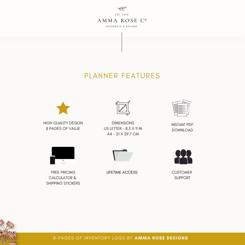 May include: A graphic with planner features, including high quality design, dimensions of 8.5 x 11 inches or 21 x 29.7 centimeters, instant PDF download, free pricing calculator and shipping stickers, lifetime access, and customer support.