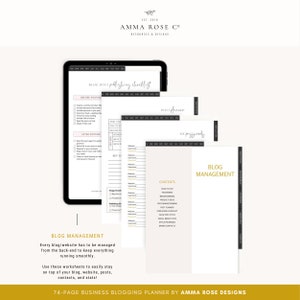 May include: A digital planner for blog management with a white background and black text. The planner includes sections for blog to-do, brainstorming, post planning, publishing checklist, blog post stats, social media stats, affiliate brands, and brand contacts. The planner is titled "Blog Management" and "74-Page Business Blogging Planner by Amma Rose Designs".