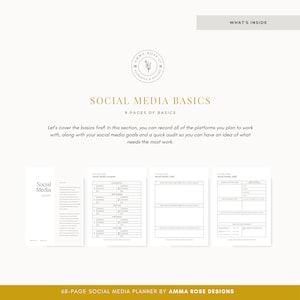 May include: A social media planner with a black and white design. The planner includes sections for social media goals, a quick audit, and a list of social media platforms. The planner is titled "Social Media Basics" and is part of a 68-page social media planner by Amma Rose Designs.