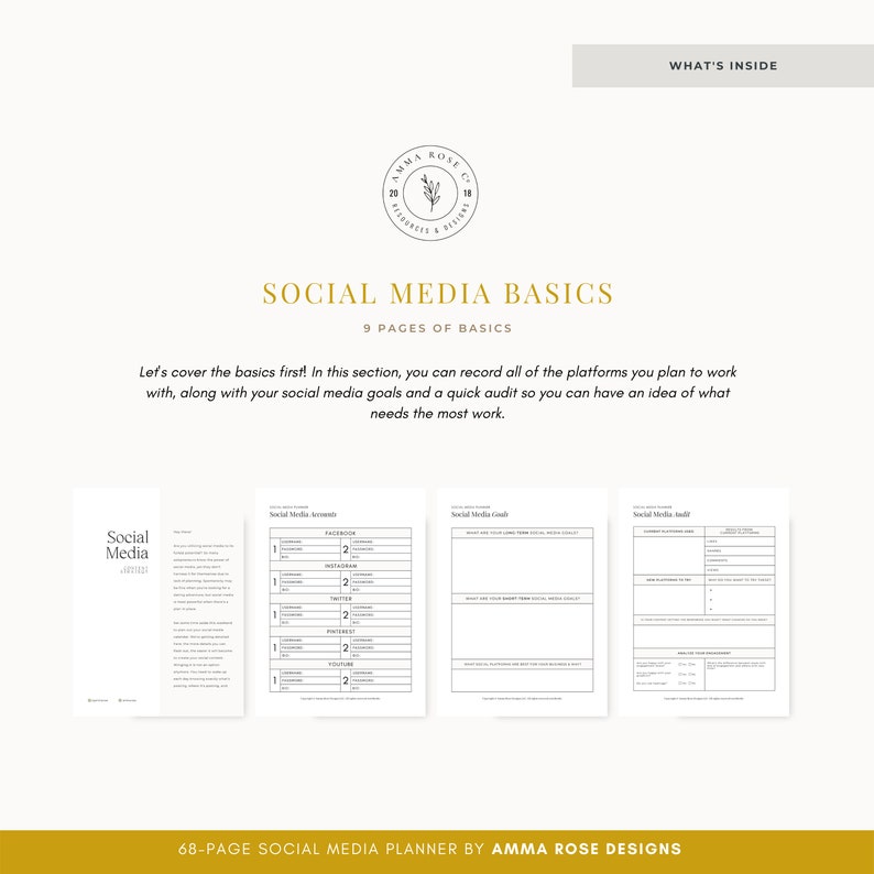 May include: A social media planner with a black and white design. The planner includes sections for social media goals, a quick audit, and a list of social media platforms. The planner is titled "Social Media Basics" and is part of a 68-page social media planner by Amma Rose Designs.
