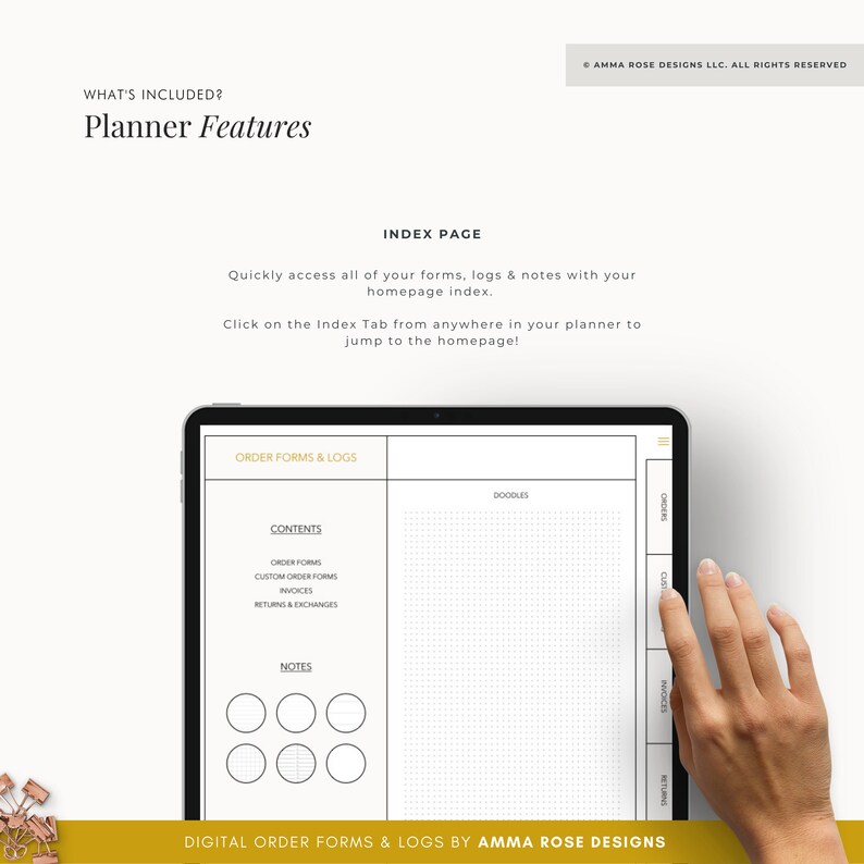 May include: A digital planner page with a section for order forms and logs, a section for doodles, and a section for notes. The page is divided into three columns. The order forms and logs section includes a list of contents: order forms, custom order forms, invoices, returns & exchanges, and notes. The doodles section is a grid of small squares. The notes section has six circles for writing notes. The page is titled "Digital Order Forms & Logs by Amma Rose Designs".