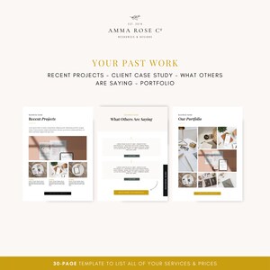 May include: A 30-page template to list all of your services and prices. The template is divided into three sections: Recent Projects, What Others Are Saying, and Our Portfolio. Each section has a title and a description. The template is designed to be used by businesses to showcase their work and attract new clients.