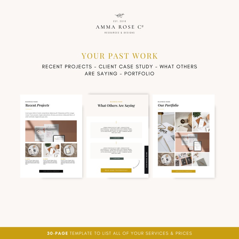 May include: A 30-page template to list all of your services and prices. The template is divided into three sections: Recent Projects, What Others Are Saying, and Our Portfolio. Each section has a title and a description. The template is designed to be used by businesses to showcase their work and attract new clients.