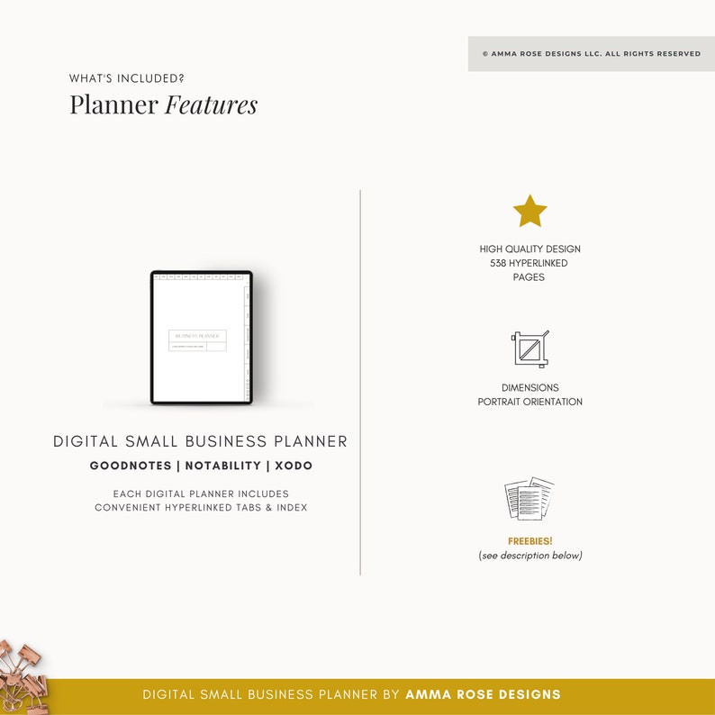 May include: A digital small business planner compatible with Goodnotes, Notability, and Xodo. The planner includes 558 hyperlinked pages, a handy index, and portrait orientation.