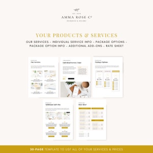 May include: A 30-page template to list all of your services and prices. The template includes sections for our services, individual service info, package options, additional add-ons, and a rate sheet.