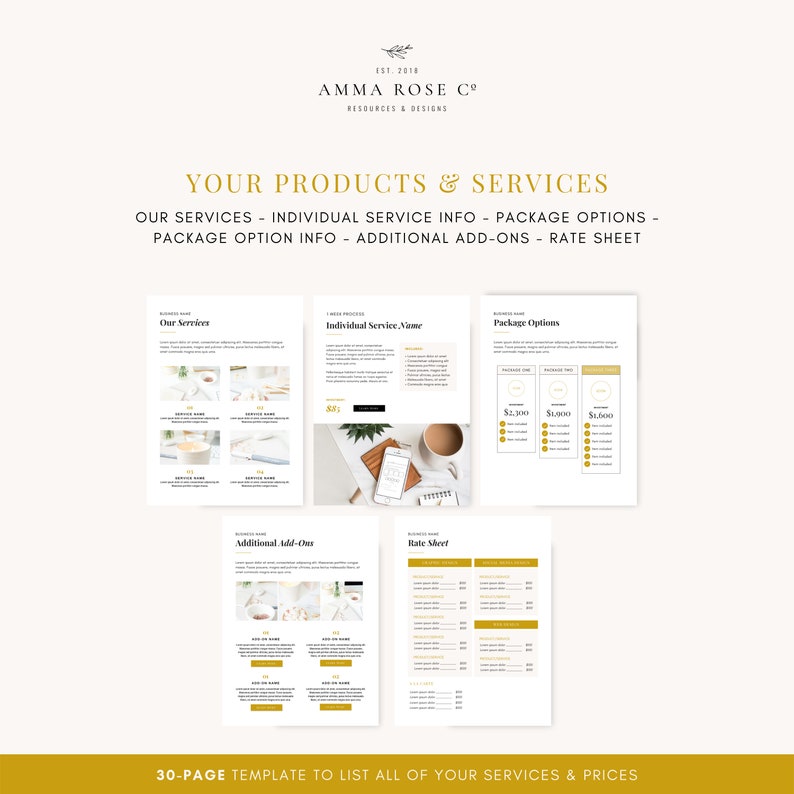 May include: A 30-page template to list all of your services and prices. The template includes sections for our services, individual service info, package options, additional add-ons, and a rate sheet.