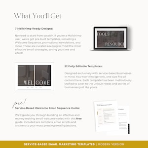 Pu&ograve; includere: Immagine promozionale per modelli di email marketing basati sui servizi. L'immagine presenta un laptop che mostra "TOOLS RESOURCE", un modello di email "WELCOME" e una guida. Il testo evidenzia 7 design Mailchimp, 52 modelli modificabili e una guida gratuita.