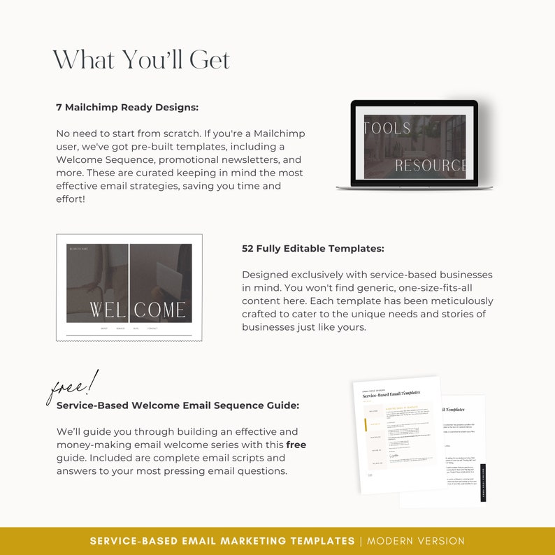 Pu&ograve; includere: Immagine promozionale per modelli di email marketing basati sui servizi. L'immagine presenta un laptop che mostra "TOOLS RESOURCE", un modello di email "WELCOME" e una guida. Il testo evidenzia 7 design Mailchimp, 52 modelli modificabili e una guida gratuita.