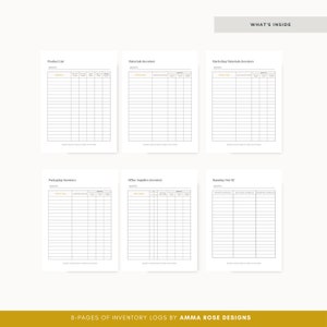 May include: Eight printable inventory log pages for tracking products, materials, marketing materials, packaging, office supplies, and items running out. Each page has a section for the month and columns for product name, quantity on hand, quantity ordered, and other relevant information.