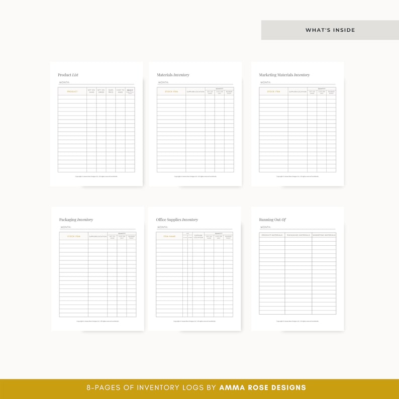 May include: Eight printable inventory log pages for tracking products, materials, marketing materials, packaging, office supplies, and items running out. Each page has a section for the month and columns for product name, quantity on hand, quantity ordered, and other relevant information.
