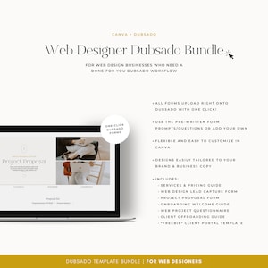 May include: A laptop computer screen displaying a web design proposal template. The template is designed for use with Dubsado, a popular client management platform. The template includes a project proposal, onboarding welcome guide, and client offboarding guide. The text "Project Proposal" is displayed on the screen.
